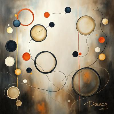 The primary subject of the image is a painting featuring a series of circles and other shapes. The setting is a white background, and the visual style appears to be a combination of digital art and illustration. The painting is predominantly orange and black, creating a bold and vibrant atmosphere.